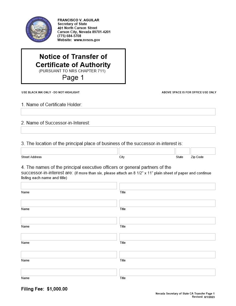 Notice Of Transfer Of Certificate Of Authority | Pdf Fpdf Doc Docx | Nevada