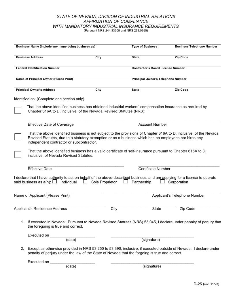 Affirmation Of Compliance With Mandatory Industrial Insurance Requirements {D-25} | Pdf Fpdf Doc Docx | Nevada