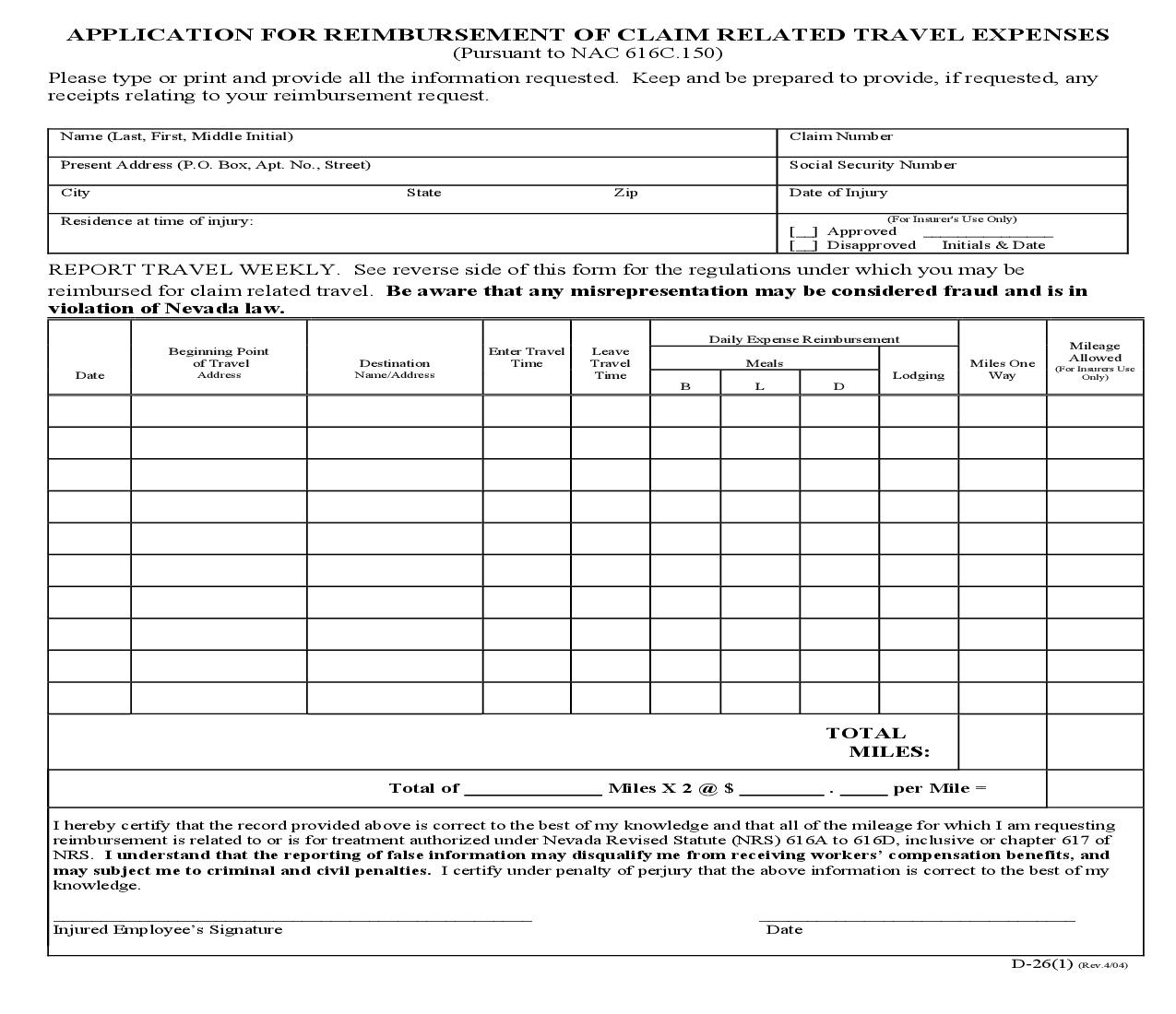 Application For Reimbursement Of Claim Related Travel Expenses {D-26} | Pdf Fpdf Doc Docx | Nevada