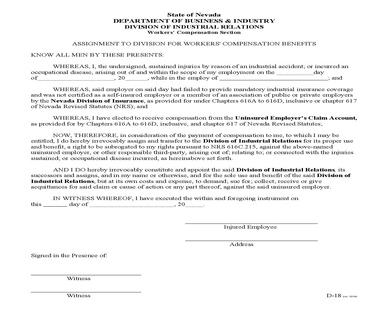 Assignment To Division For Workers Compensation Benefits {D-18} | Pdf Fpdf Doc Docx | Nevada
