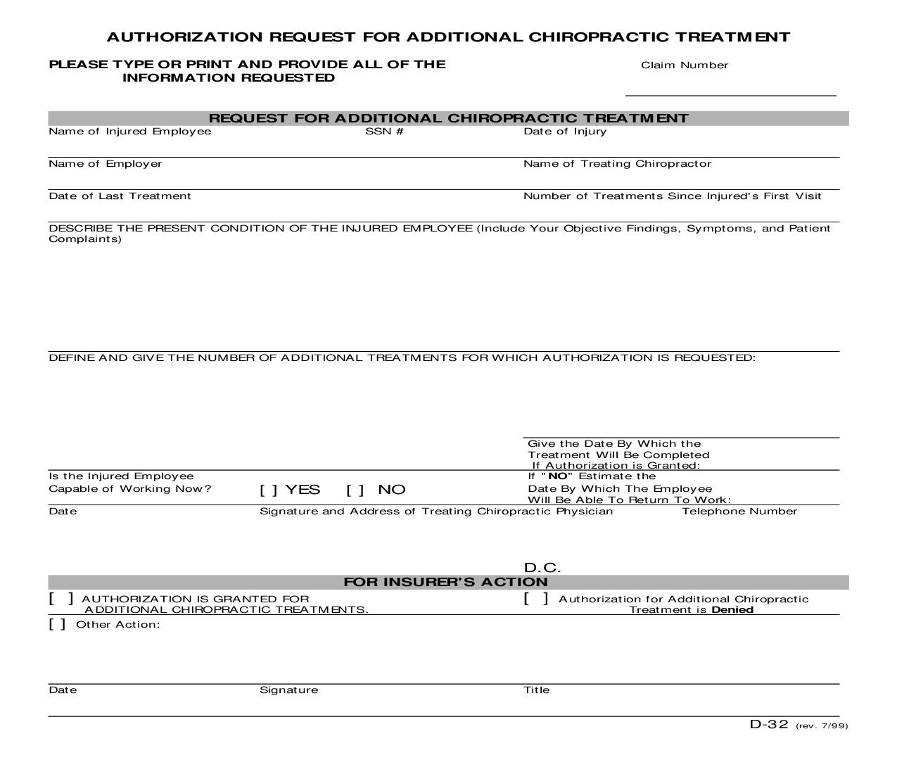Authorization Request For Additional Chiropractic Treatment {D-32} | Pdf Fpdf Doc Docx | Nevada