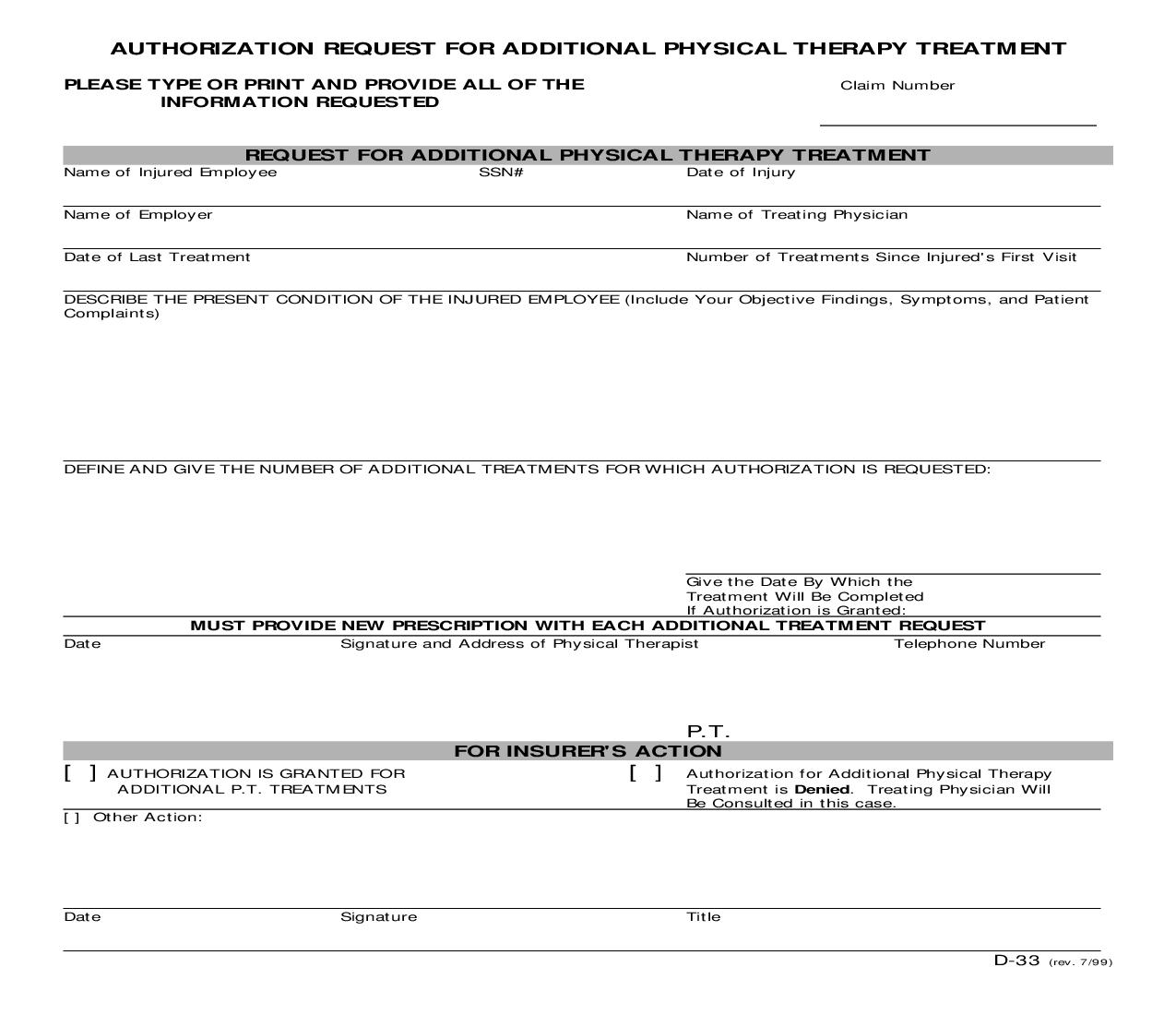 Authorization Request For Additional Physical Therapy Treatment {D-33} | Pdf Fpdf Doc Docx | Nevada