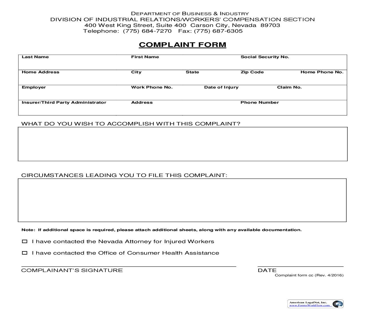 Complaint Form (Northern Inusurers) | Pdf Fpdf Doc Docx | Nevada