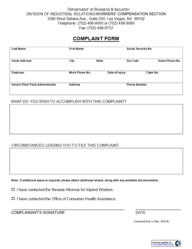 Complaint Form (Southern Insurers) | Pdf Fpdf Docx | Nevada