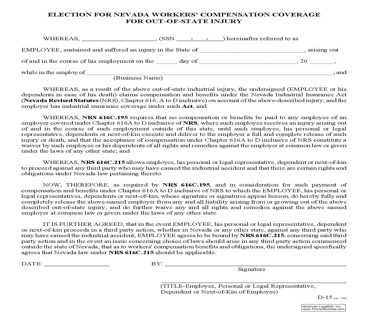 Election For Nevada Workers Compensation Coverage For Out Of State Injury {D-15} | Pdf Fpdf Doc Docx | Nevada