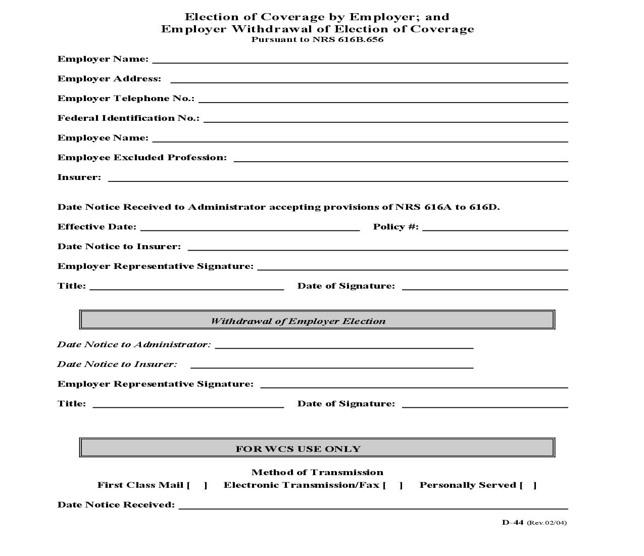 Election Of Coverage By Employer And Employer Withdrawal Of Election Of Coverage {D-44} | Pdf Fpdf Doc Docx | Nevada