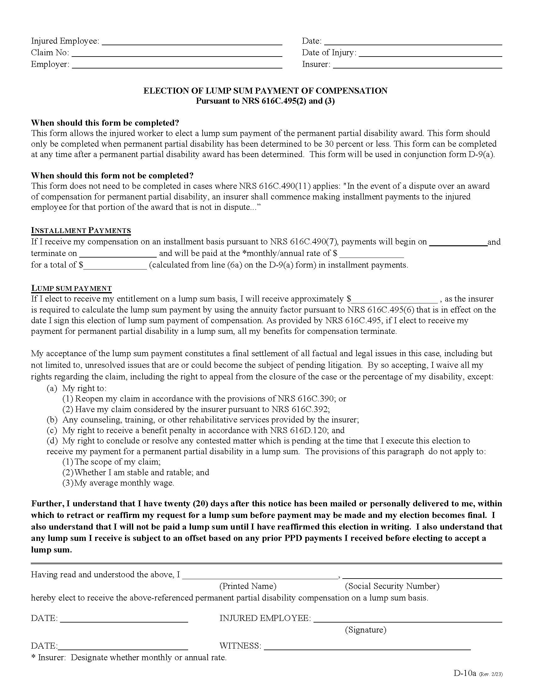 Election Of Lump Sum Payment Of Compensation {D-10a} | Pdf Fpdf Doc Docx | Nevada