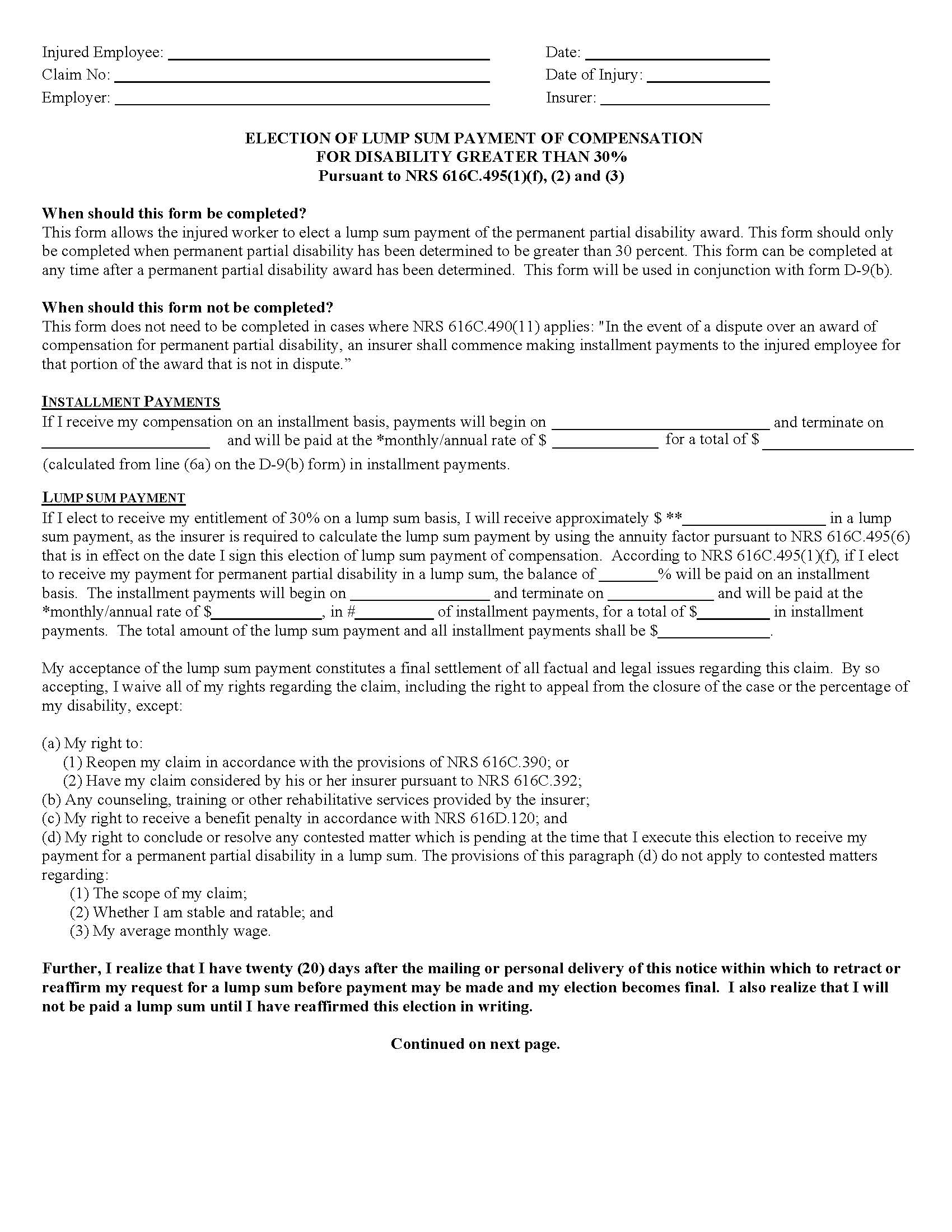 Election Of Lump Sum Payment Of Compensation For Disability Greater Than 30 Percent {D-10b} | Pdf Fpdf Doc Docx | Nevada