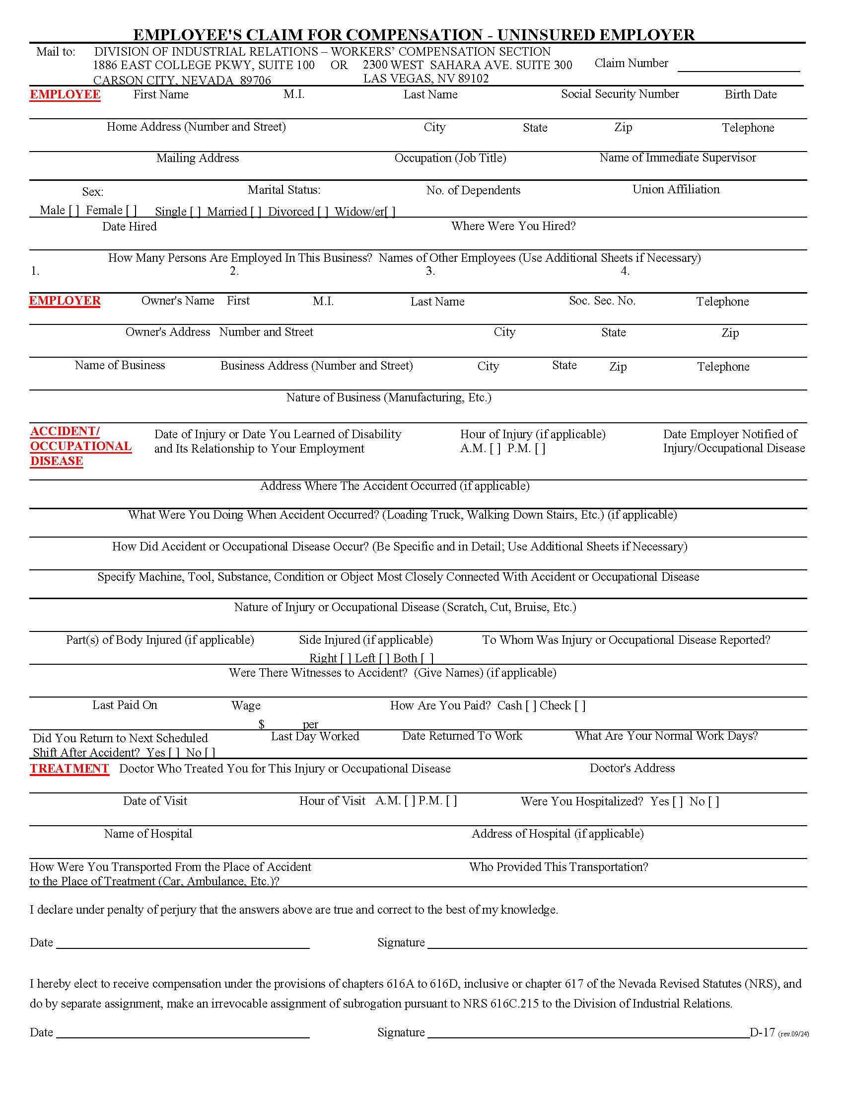 Employees Claim For Compensation - Uninsured Employer {D-17} | Pdf Fpdf Docx | Nevada