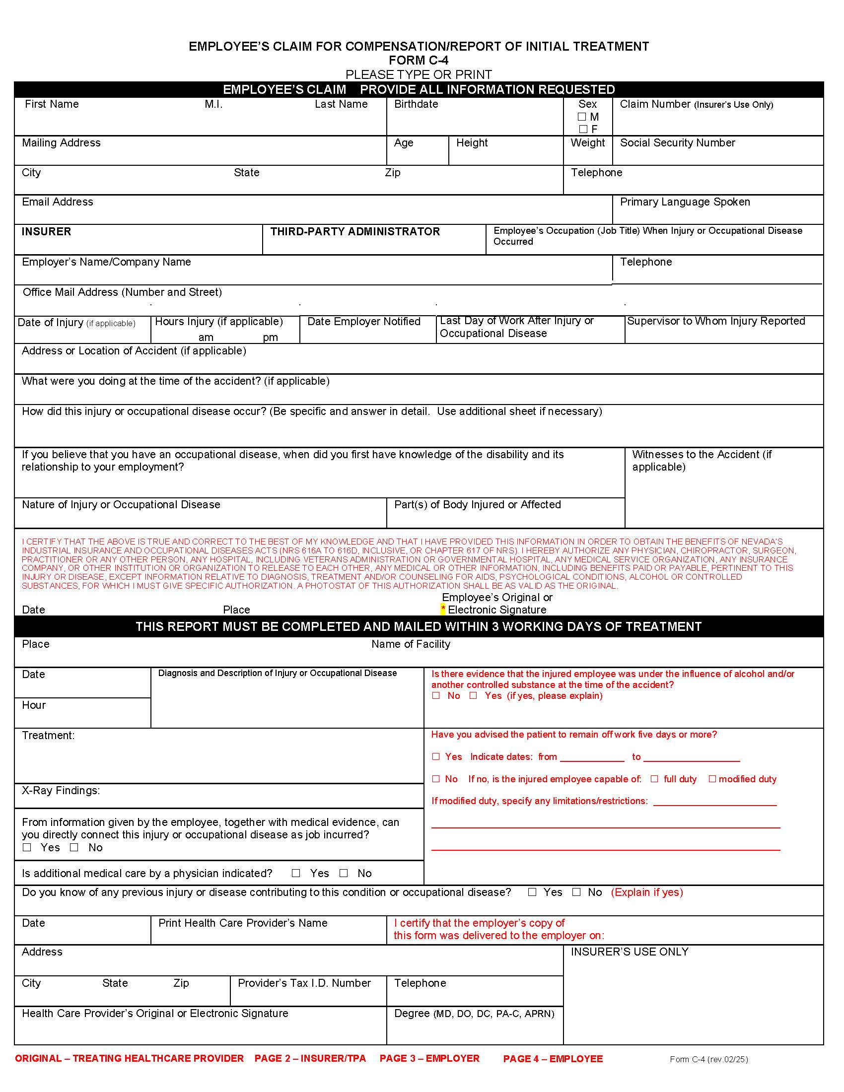 Employees Claim For Compensation Report Of Initial Treatment {C-4} | Pdf Fpdf Doc Docx | Nevada
