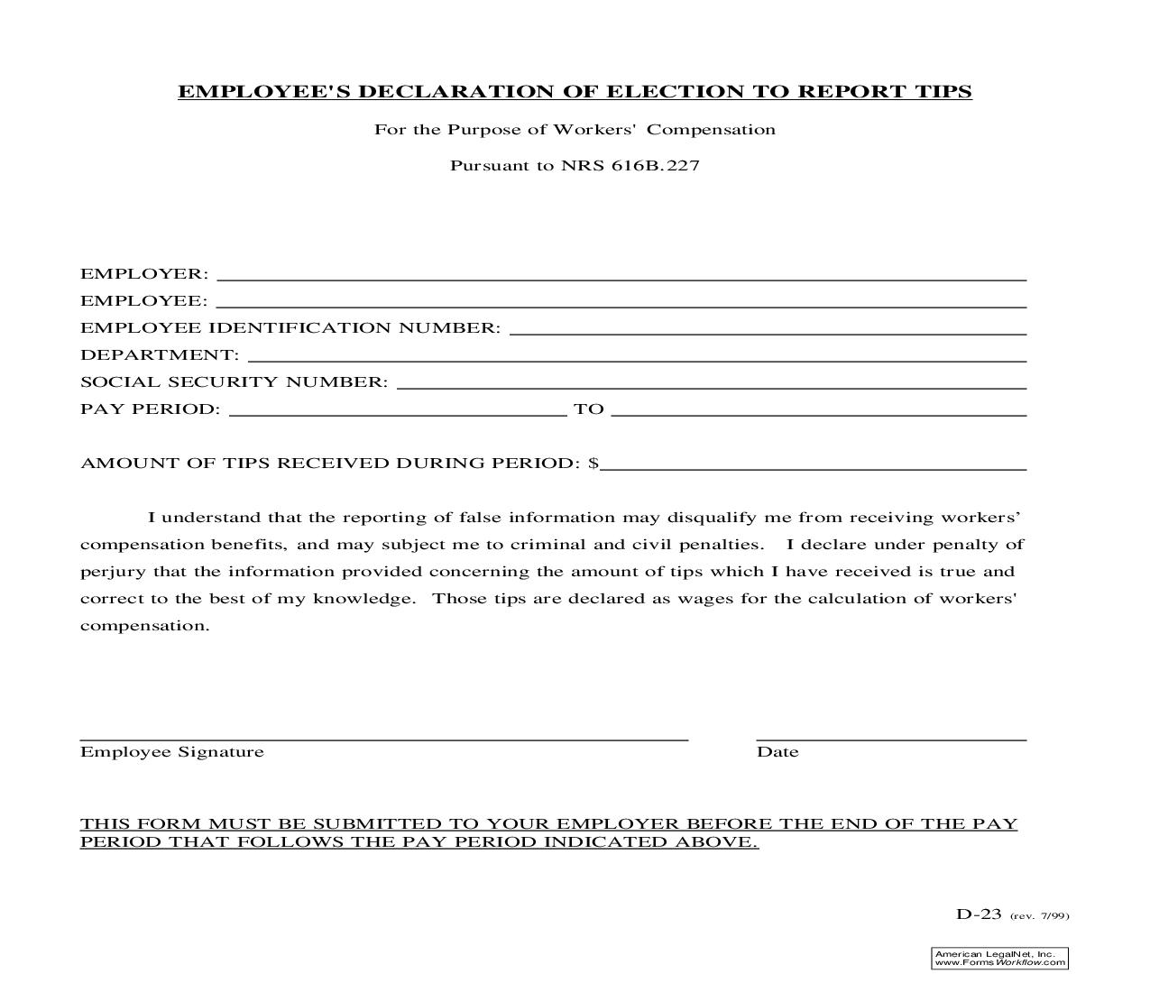 Employees Declaration Of Election To Report Tips {D-23} | Pdf Fpdf Doc Docx | Nevada