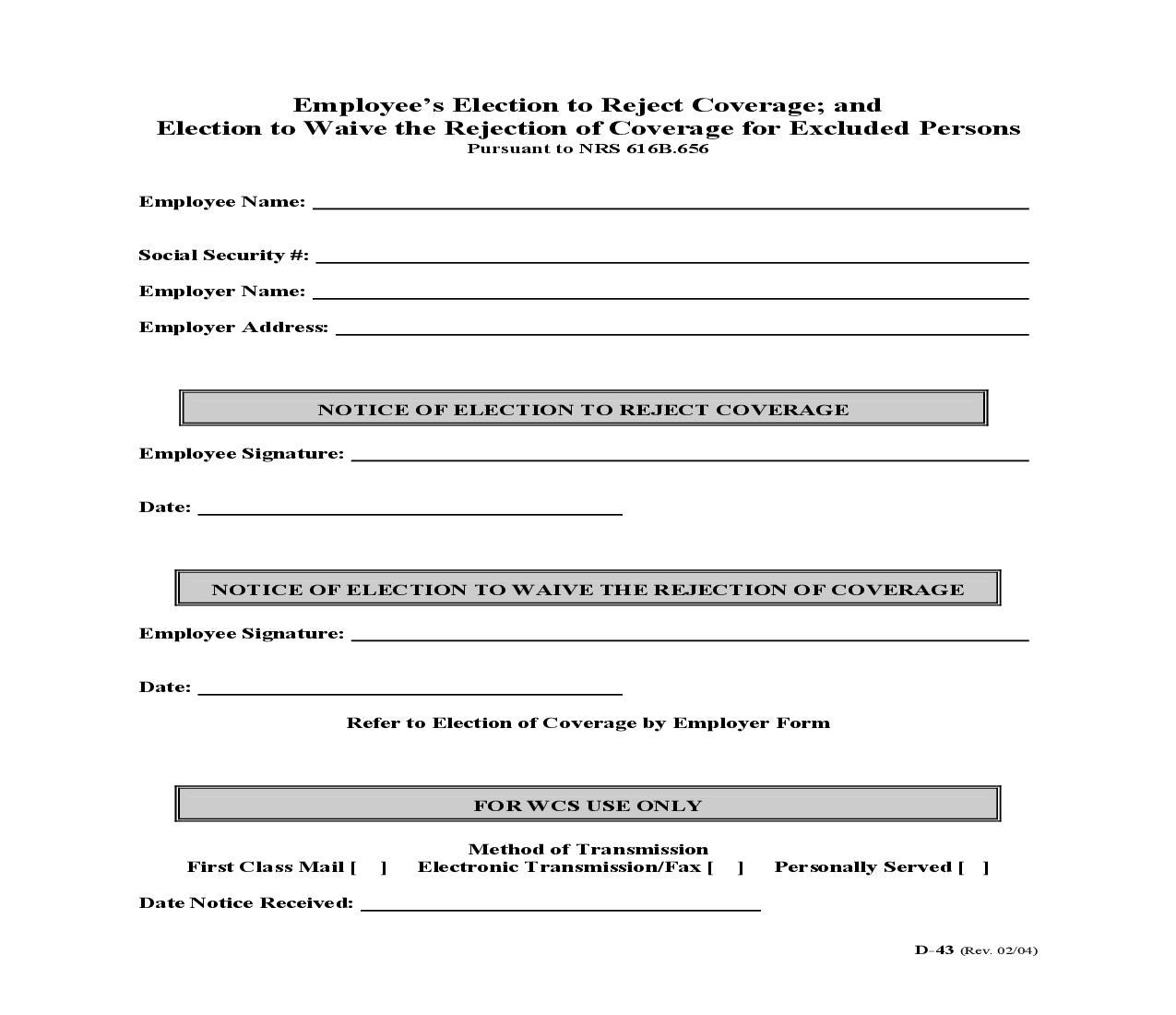 Employees Election To Reject Coverage And Election To Waive Rejection Of Coverage For Excluded Persons {D-43} | Pdf Fpdf Doc Docx | Nevada