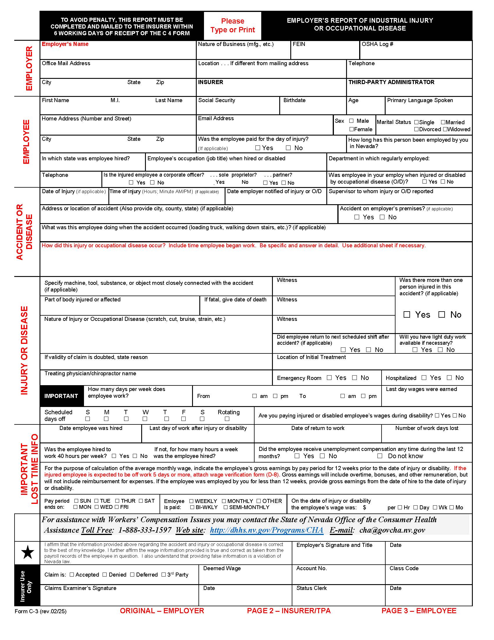 Employers Report Of Industrial Injury Or Occupational Disease {C-3} | Pdf Fpdf Doc Docx | Nevada