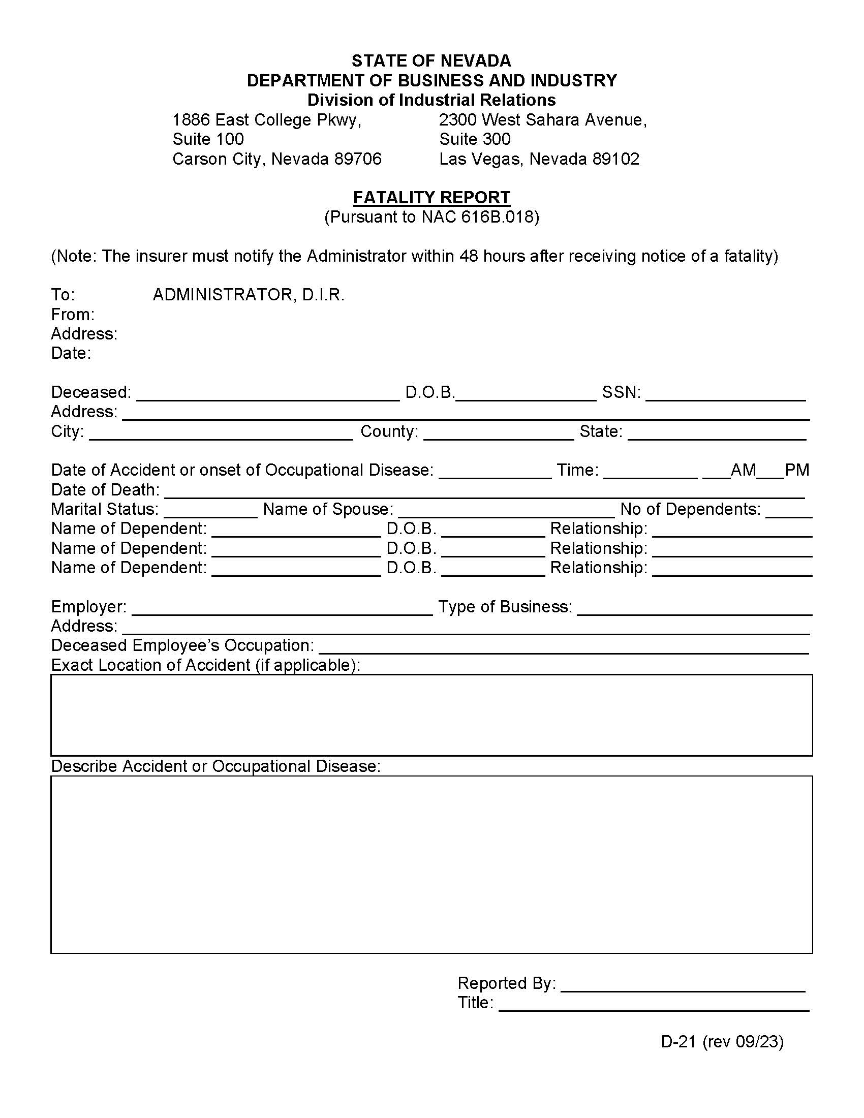 Fatality Report {D-21} | Pdf Fpdf Docx | Nevada