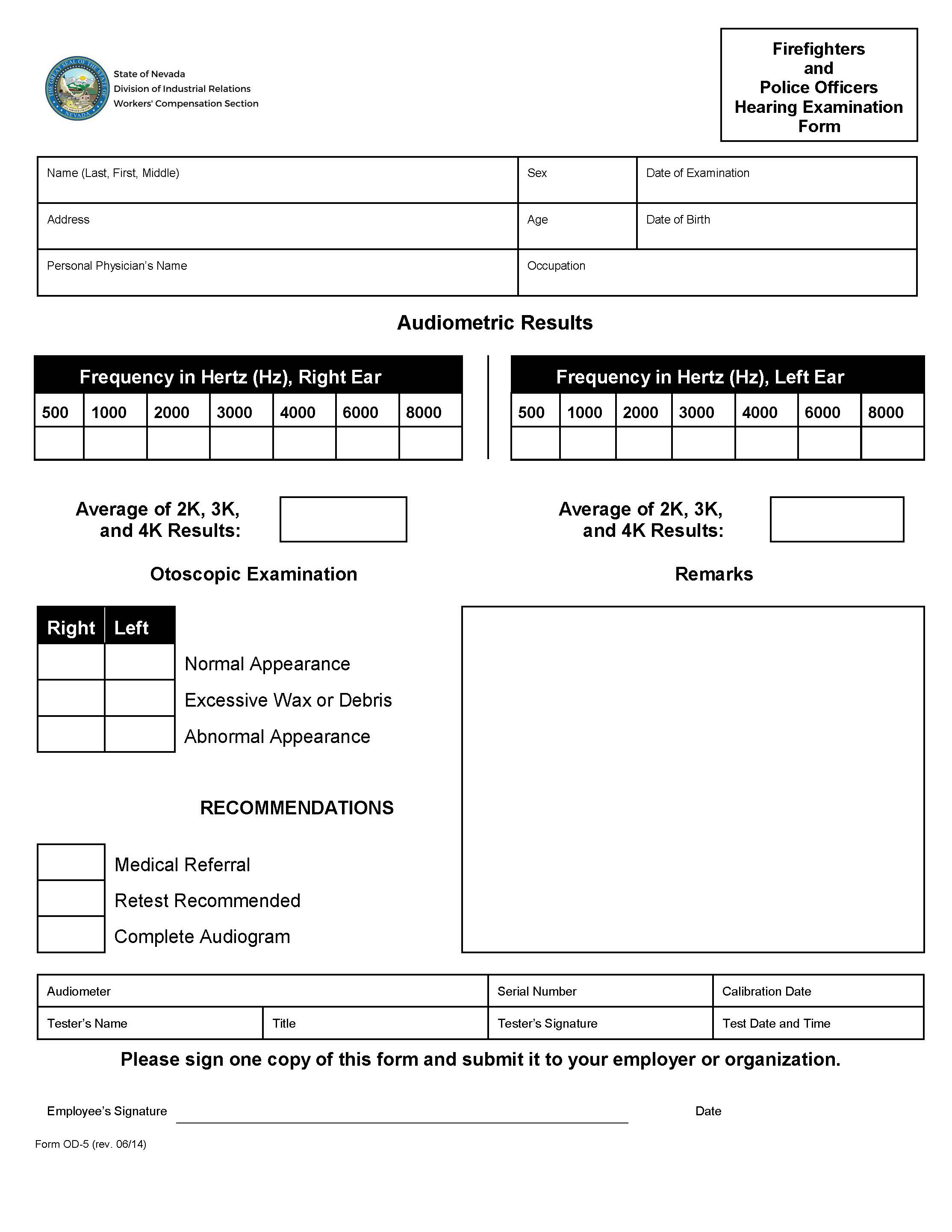 Firefighters And Police Officers Hearing Examination {OD-5} | Pdf Fpdf Doc Docx | Nevada