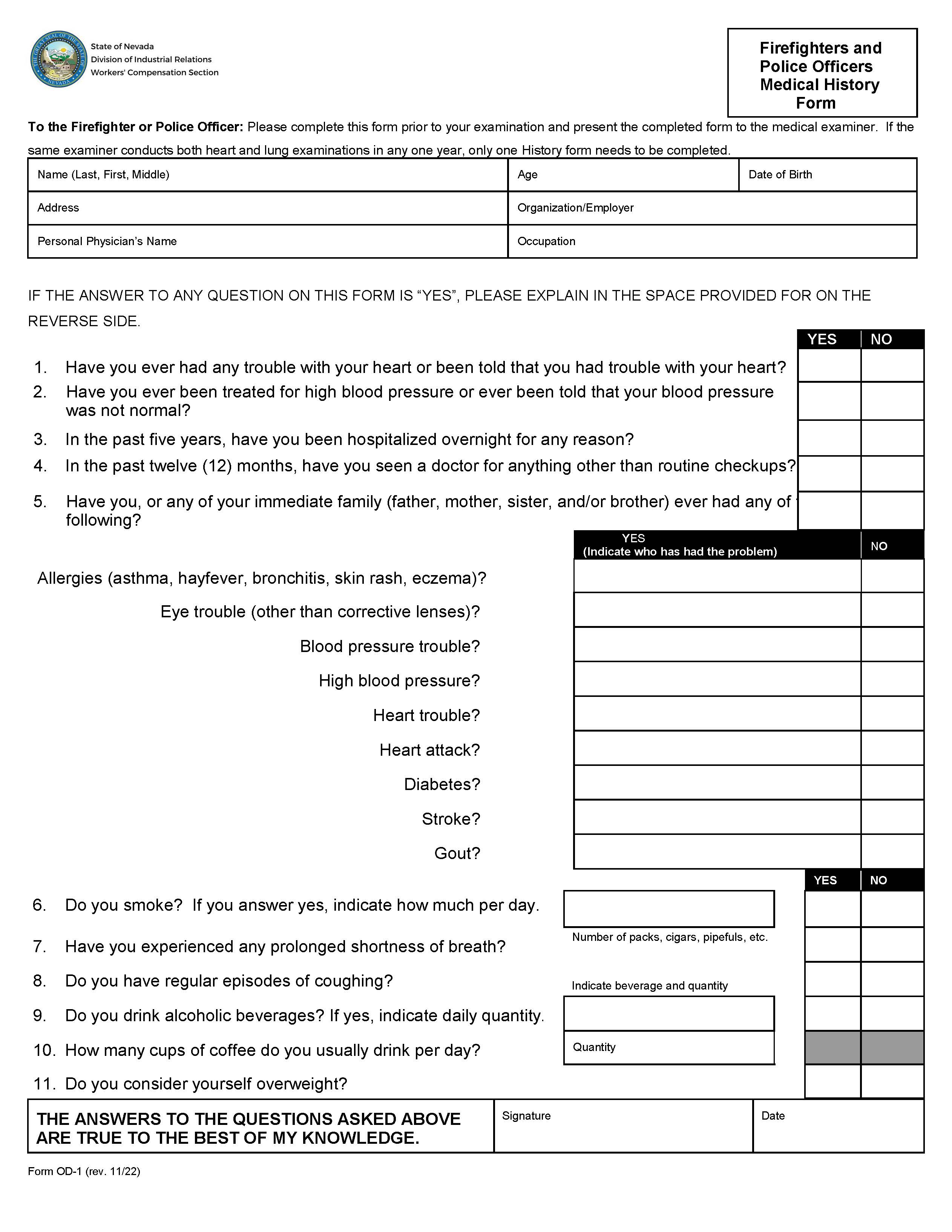 Firefighters And Police Officers Medical History {OD-1} | Pdf Fpdf Doc Docx | Nevada