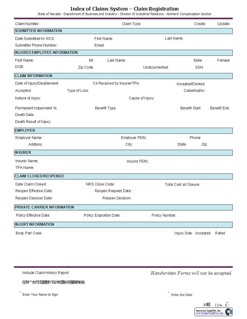 Index Of Claims System Claim Registration {D-38} | Pdf Fpdf Docx | Nevada
