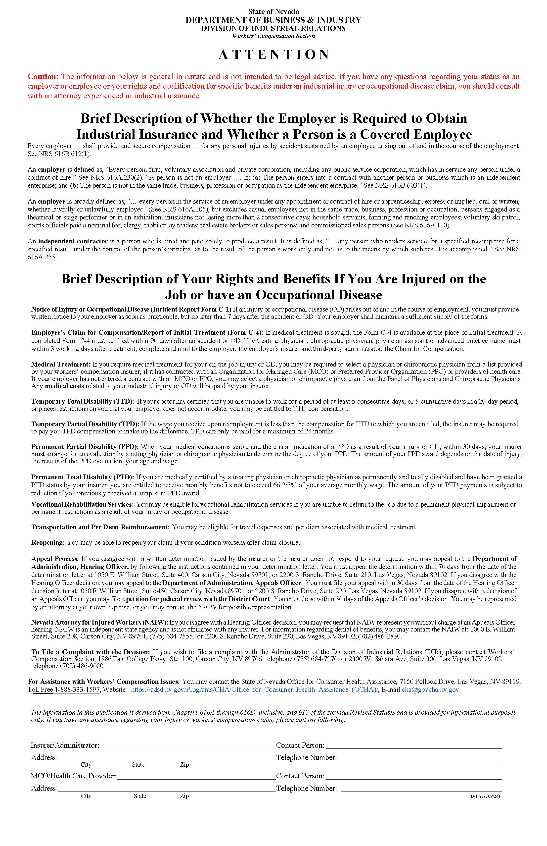 Informational Poster - Displayed By Employer {D-1} | Pdf Fpdf Docx | Nevada