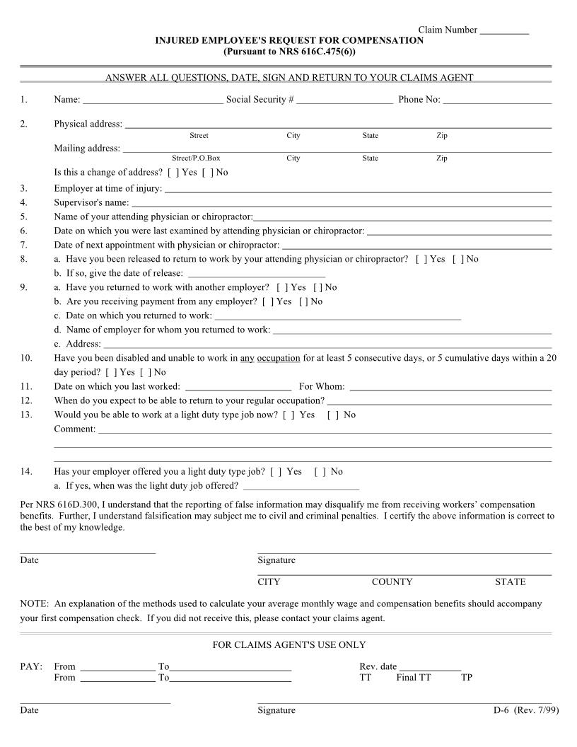 Injured Employees Request For Compensation {D-6} | Pdf Fpdf Docx | Nevada