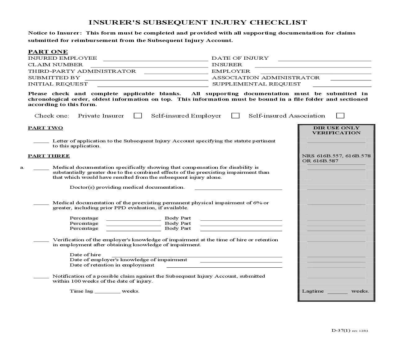 Insurers Subsequent Injury Checklist {D-37} | Pdf Fpdf Doc Docx | Nevada