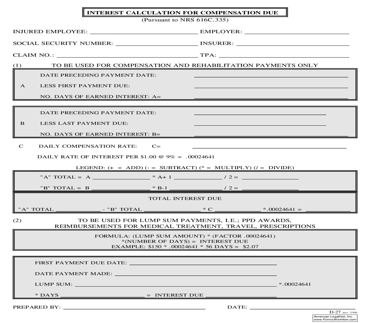 Interest Calculation For Compensation Due {D-27} | Pdf Fpdf Doc Docx | Nevada