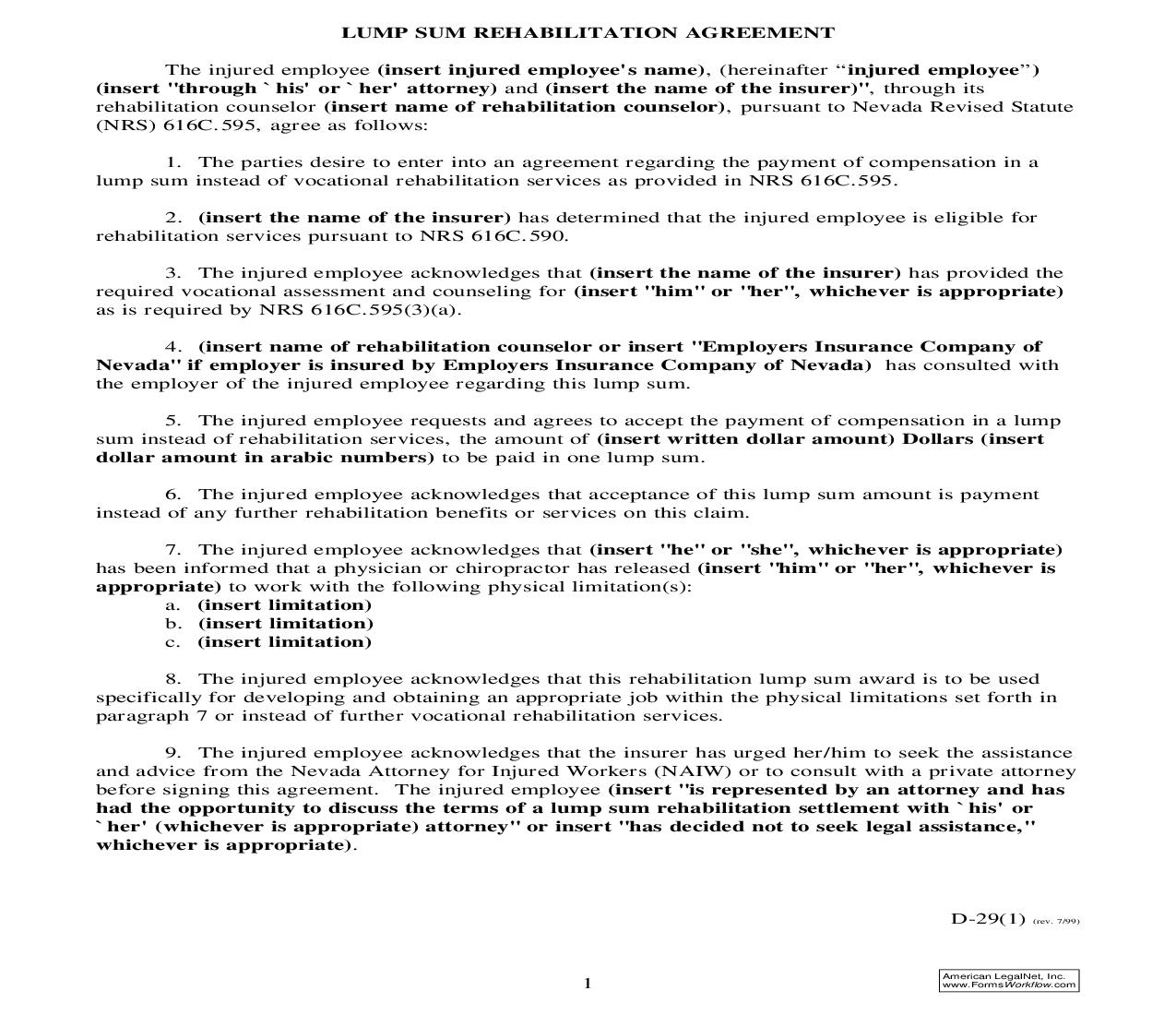 Lump Sum Rehabilitation Agreement {D-29(1)} | Pdf Fpdf Doc Docx | Nevada