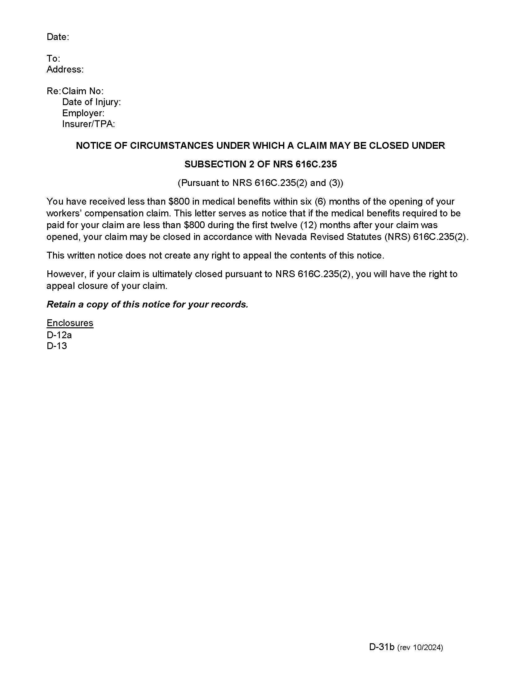 Notice Of Circumstances Under Which A Claim May Be Closed {D-31b} | Pdf Fpdf Docx | Nevada