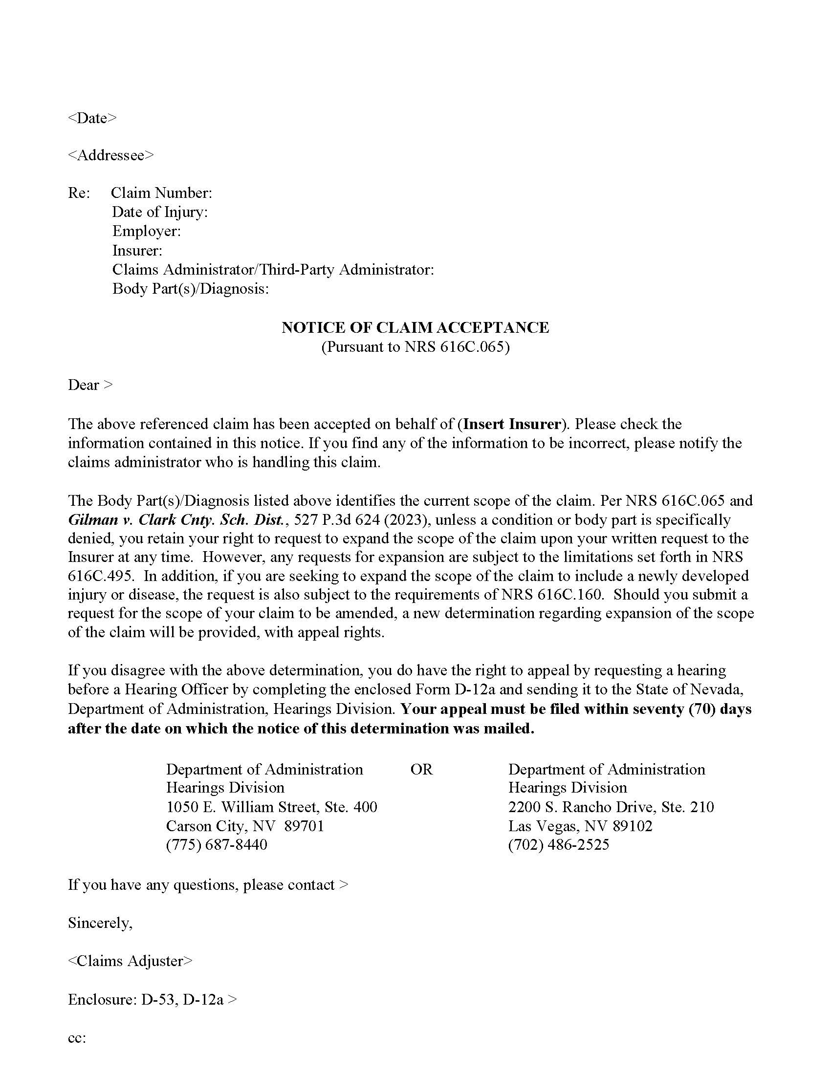 Notice Of Claim Acceptance {D-30} | Pdf Fpdf Docx | Nevada