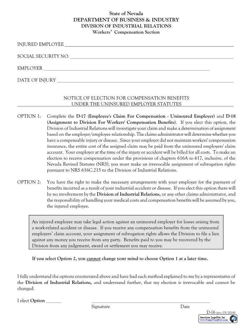Notice Of Election For Compensation Benefits Under Uninsured Employer Statutes {D-16} | Pdf Fpdf Docx | Nevada