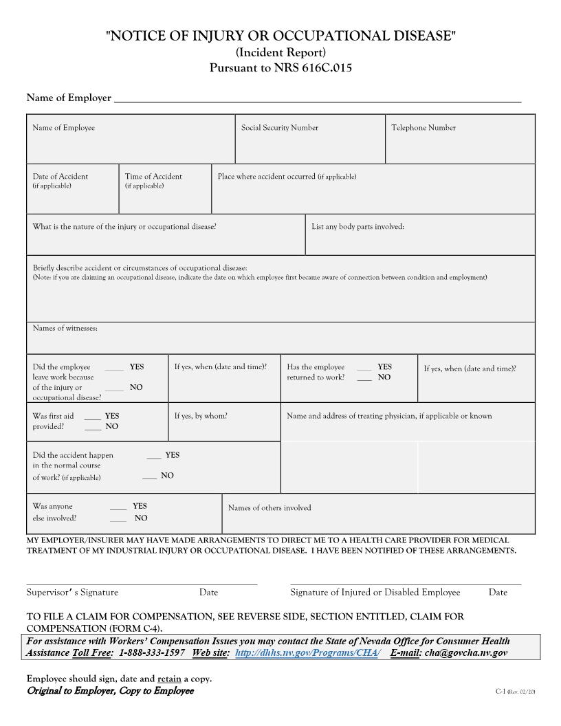 Notice Of Injury Or Occupational Disease Incident Report {C-1} | Pdf Fpdf Doc Docx | Nevada