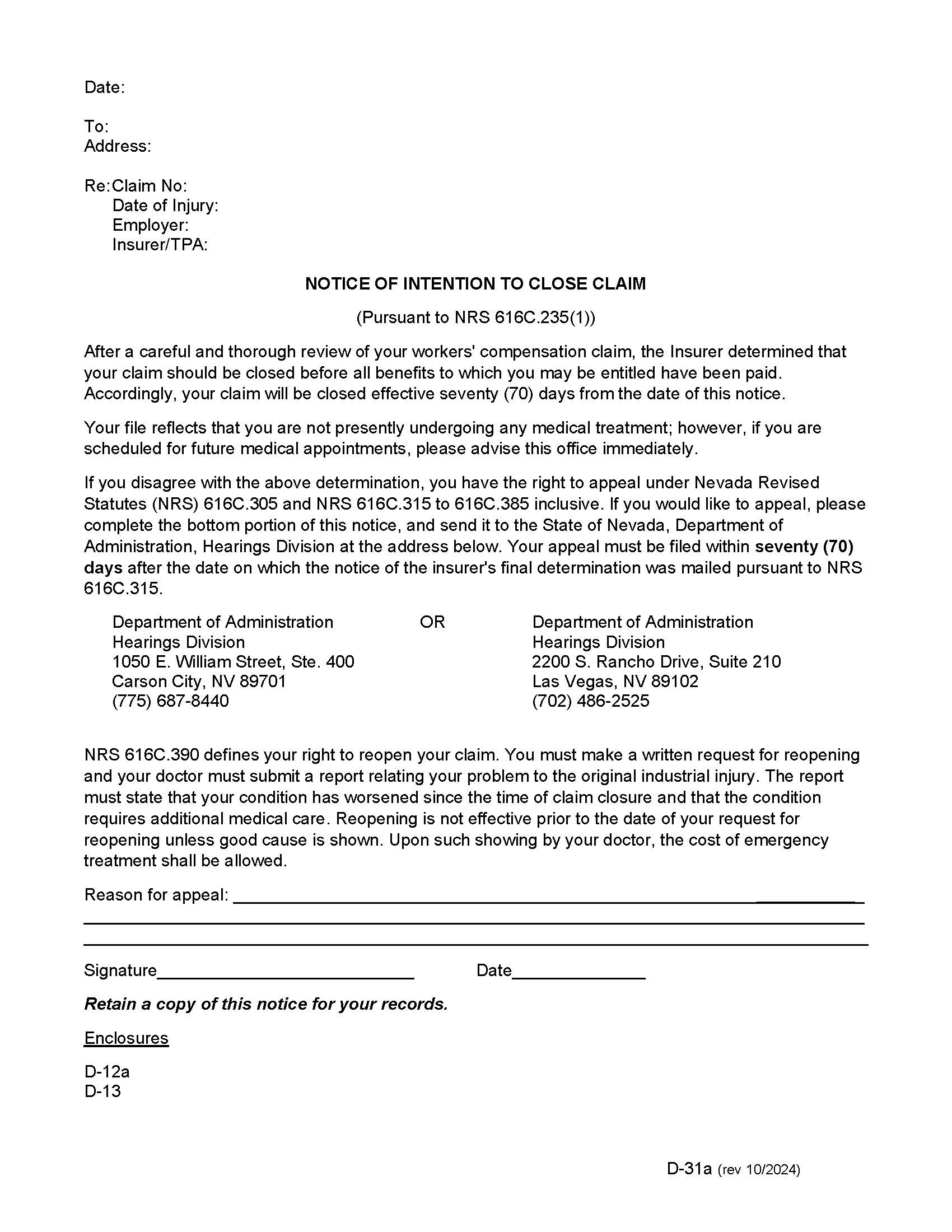 Notice Of Intention To Close Claim {D-31a} | Pdf Fpdf Docx | Nevada