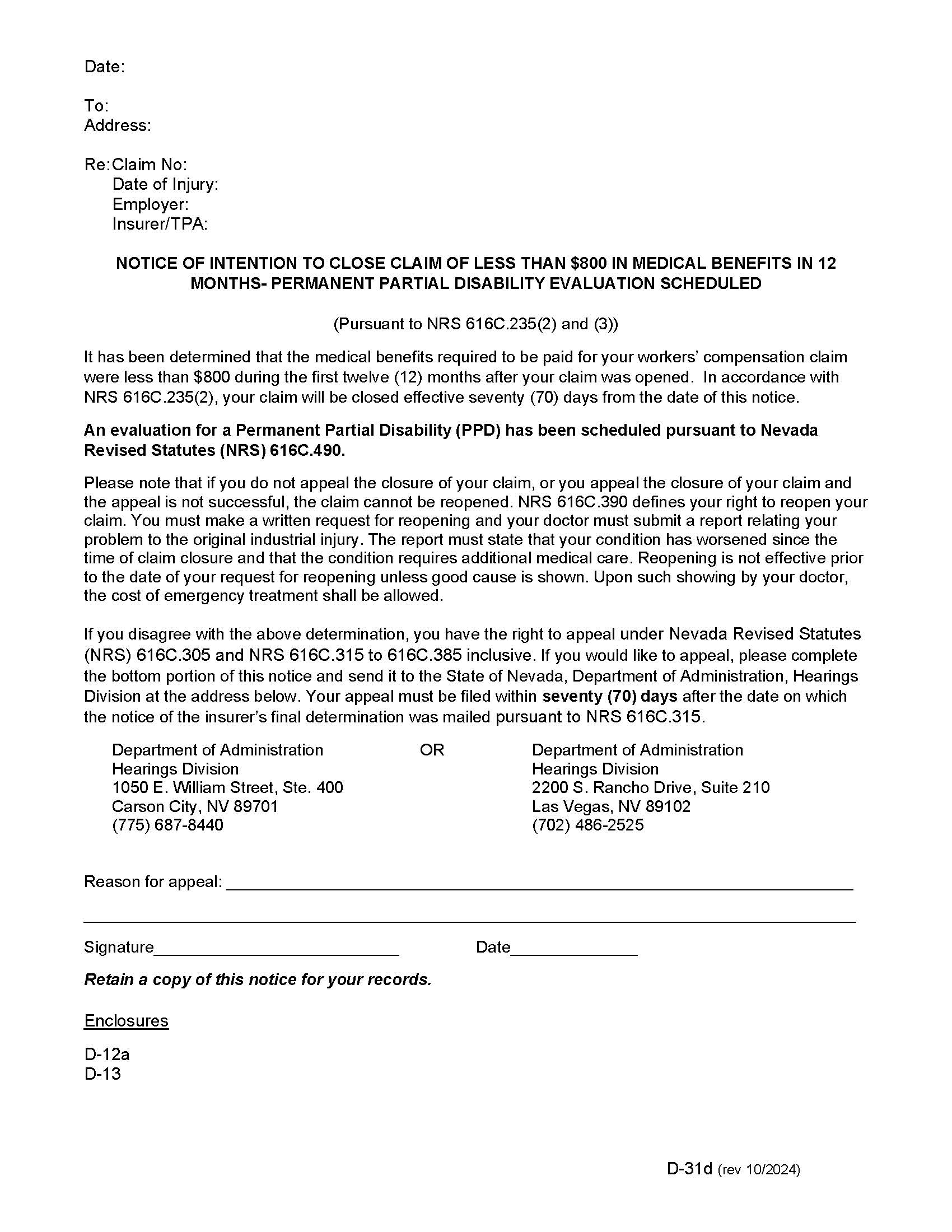 Notice Of Intention To Close Claim Evaluation Scheduled {D-31d} | Pdf Fpdf Docx | Nevada