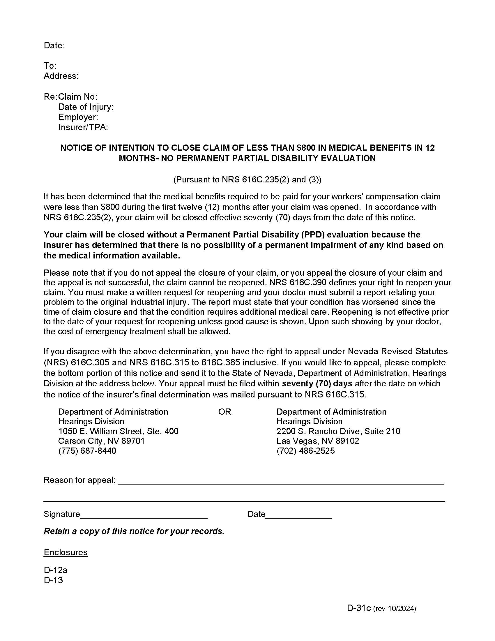 Notice Of Intention To Close Claim No Evaluation {D-31c} | Pdf Fpdf Docx | Nevada