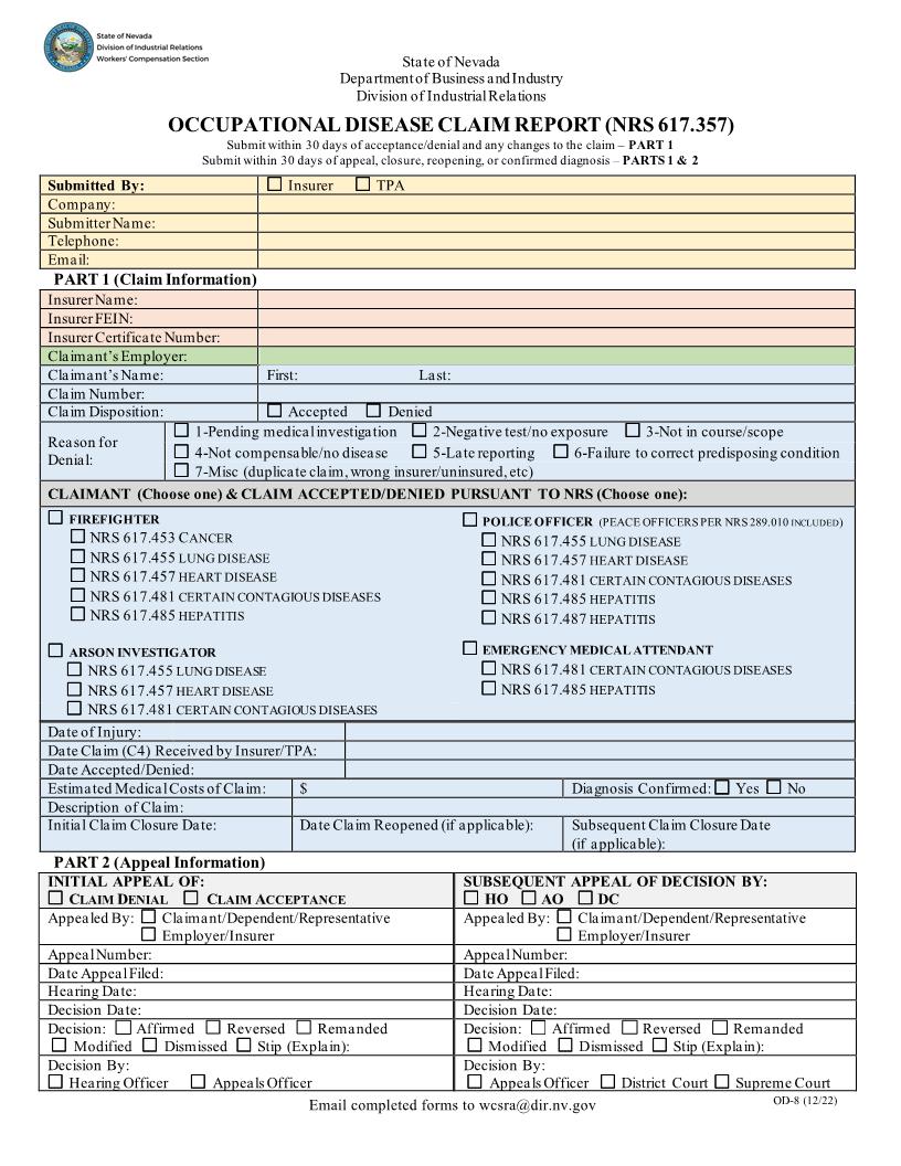 Occupational Disease Claim Report {OD-8} | Pdf Fpdf Docx | Nevada
