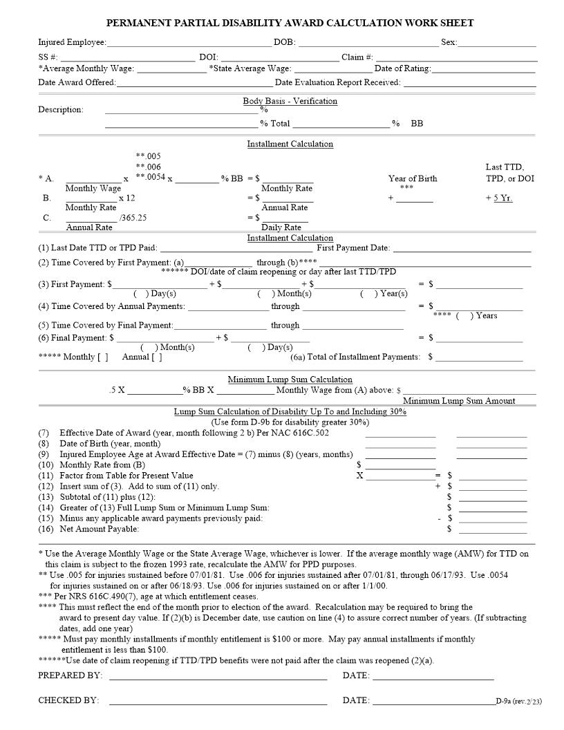 Permanent Partial Disability Award Calculation Work Sheet {D-9a} | Pdf Fpdf Doc Docx | Nevada