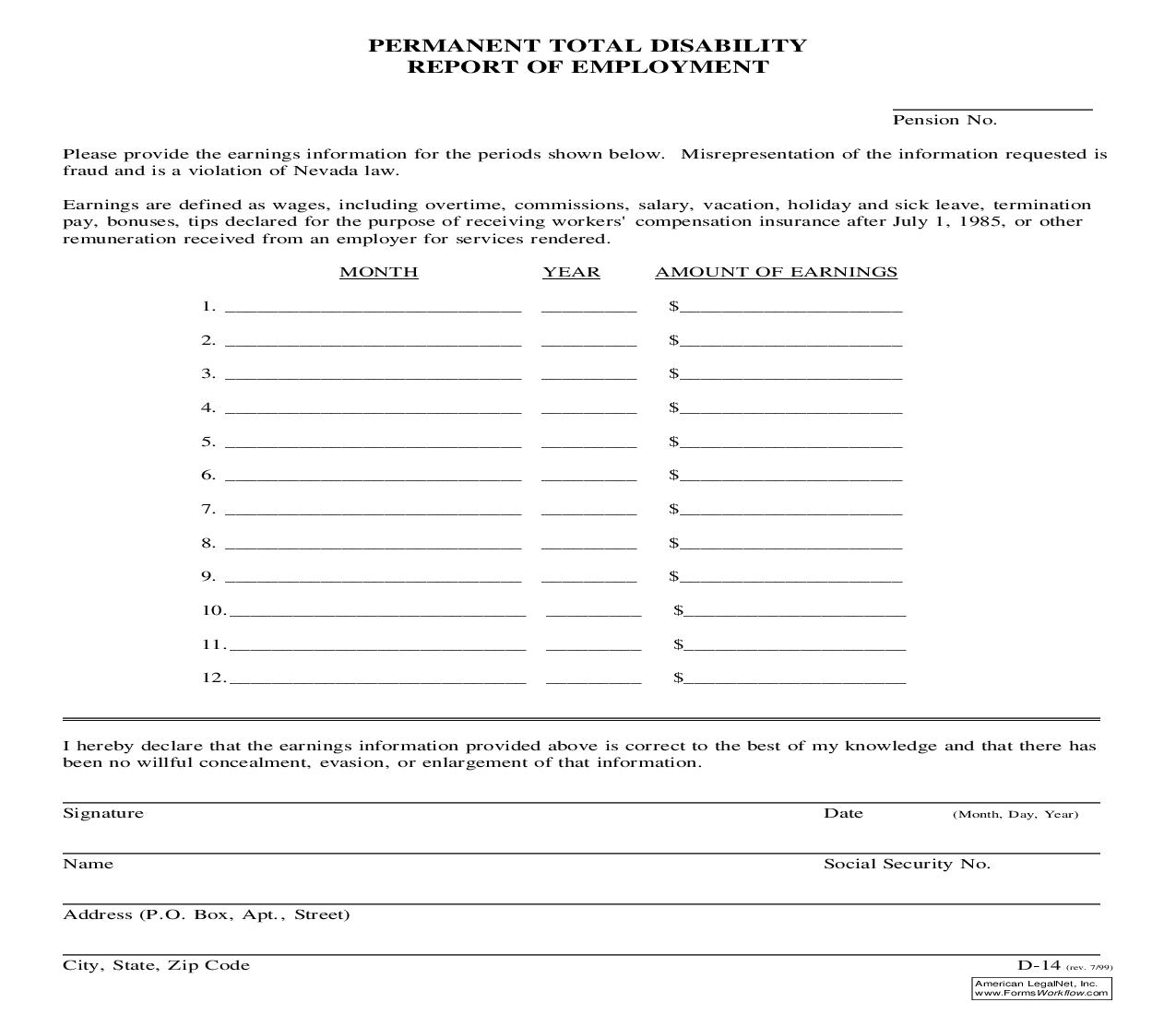 Permanent Total Disability Report Of Employment {D-14} | Pdf Fpdf Doc Docx | Nevada