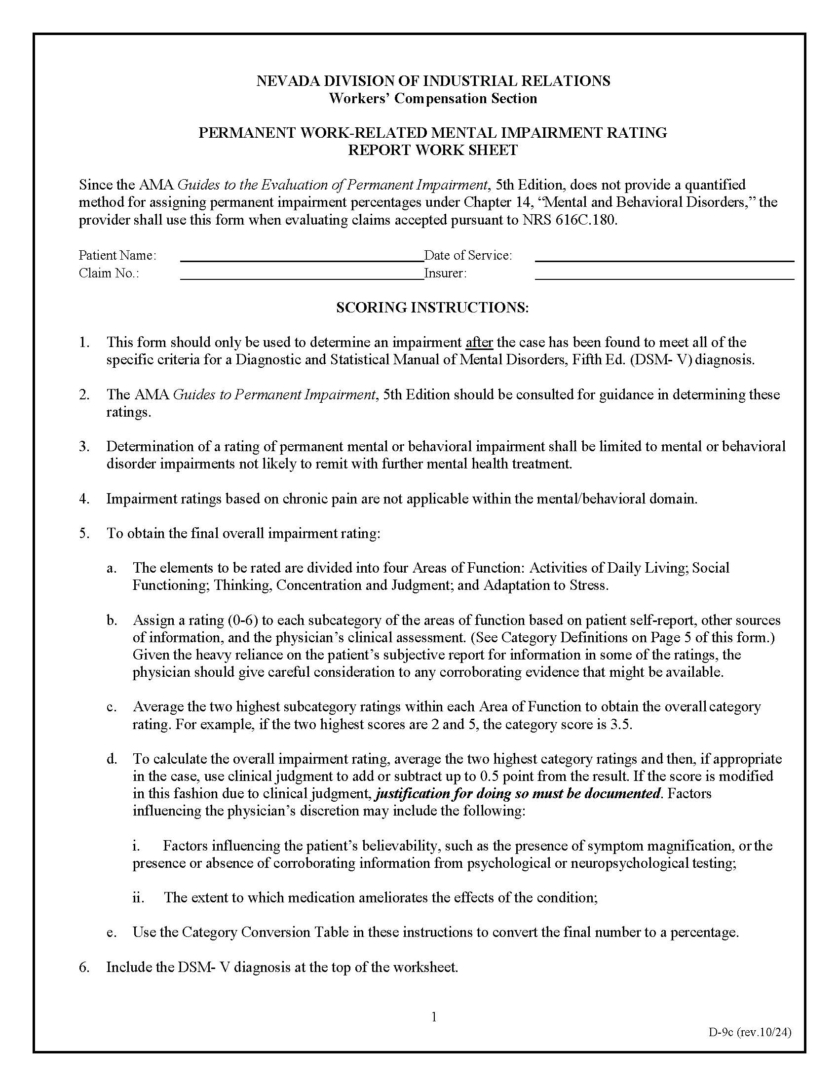 Permanent Work Related Mental Impairment Rating Report Work Sheet {D-9c} | Pdf Fpdf Doc Docx | Nevada