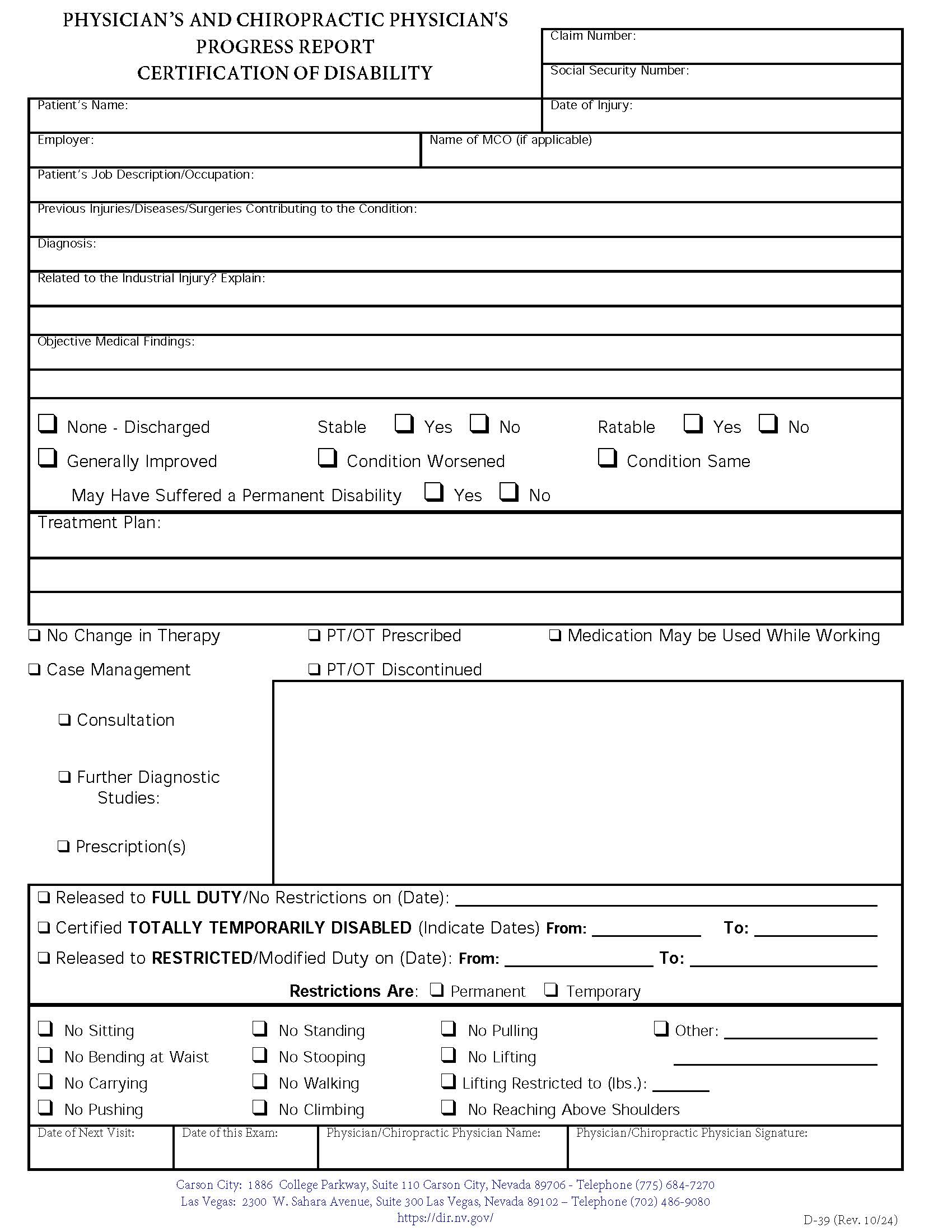 Physician And Chiropractor Progress Report Certification Of Disability {D-39} | Pdf Fpdf Doc Docx | Nevada