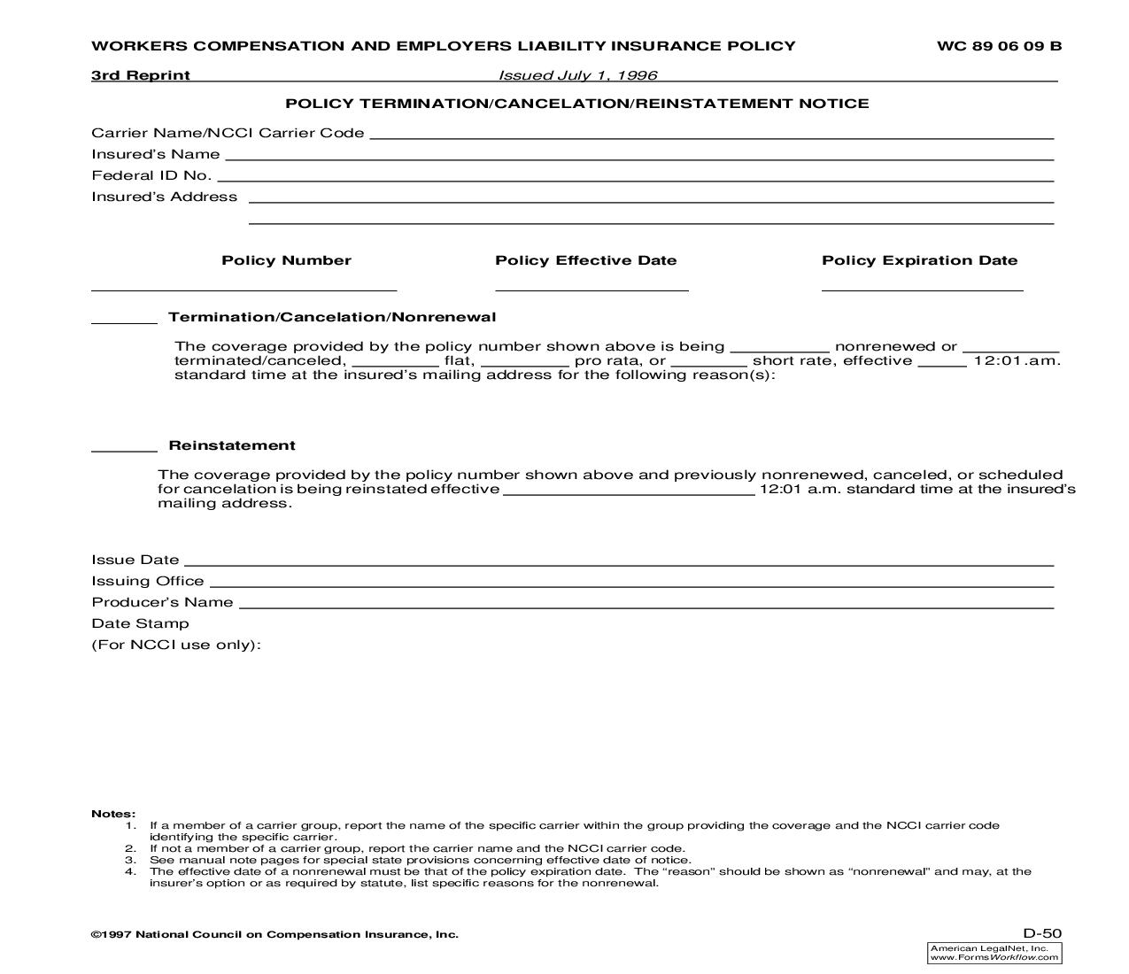Policy Termination-Cancelation-Reinstatement Notice {D-50} | Pdf Fpdf Doc Docx | Nevada