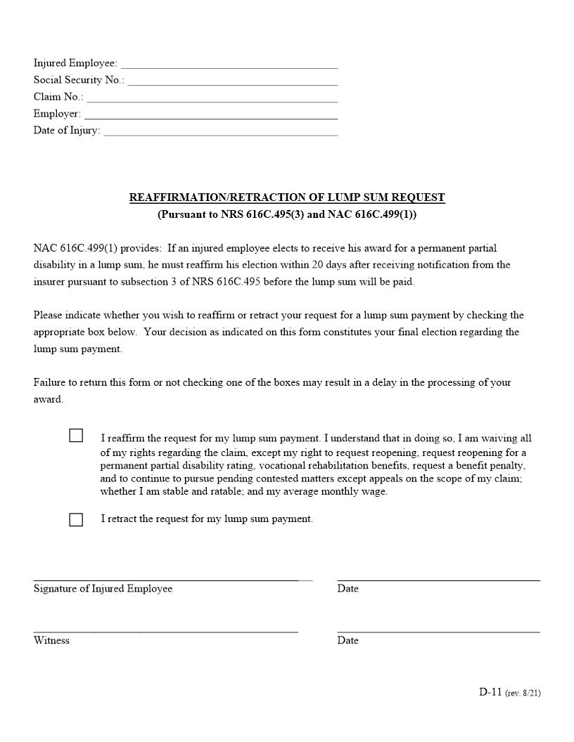 Reaffirmation Retraction Of Lump Sum Request {D-11} | Pdf Fpdf Docx | Nevada