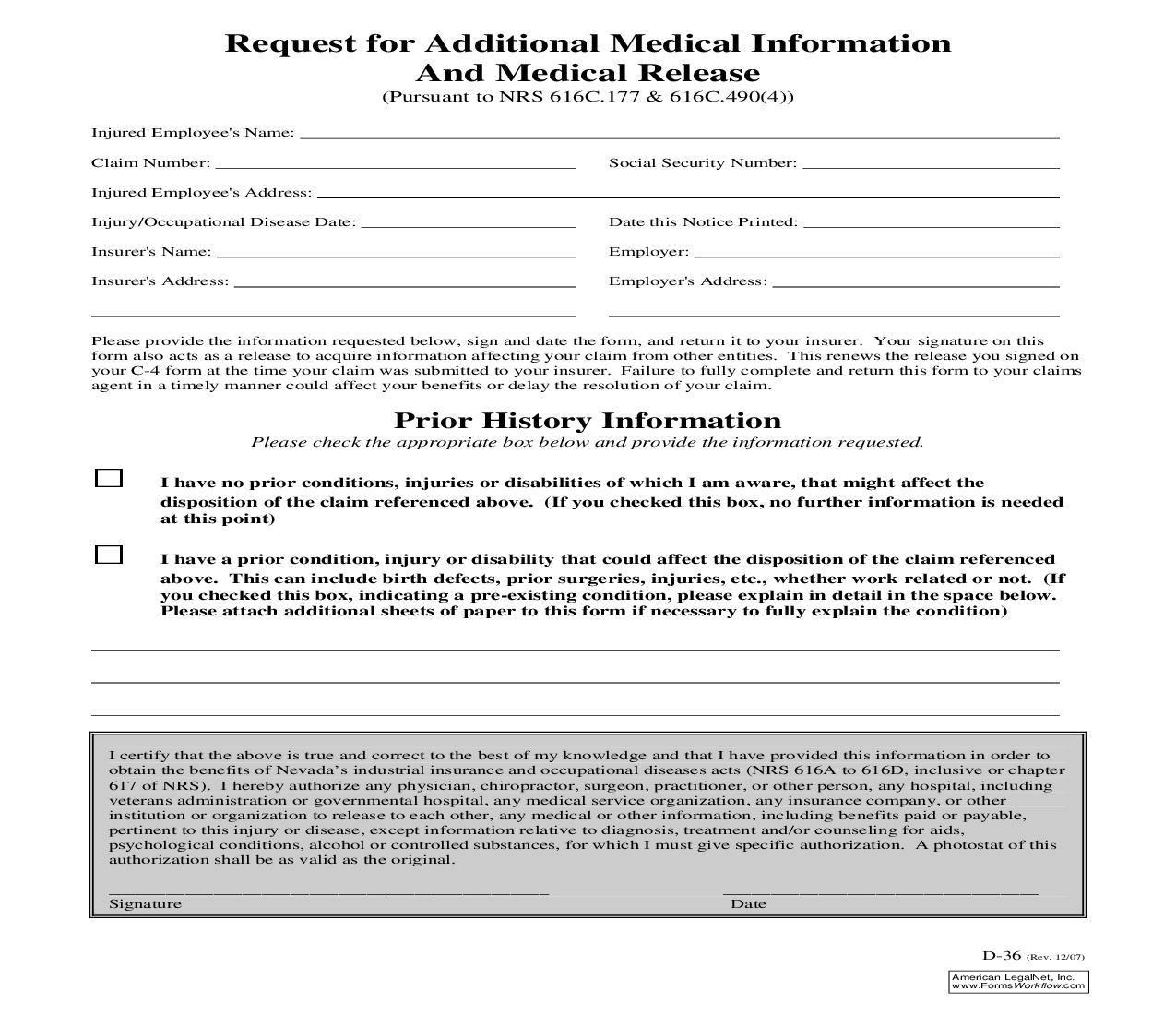 Request For Additional Medical Information And Release Form {D-36} | Pdf Fpdf Doc Docx | Nevada