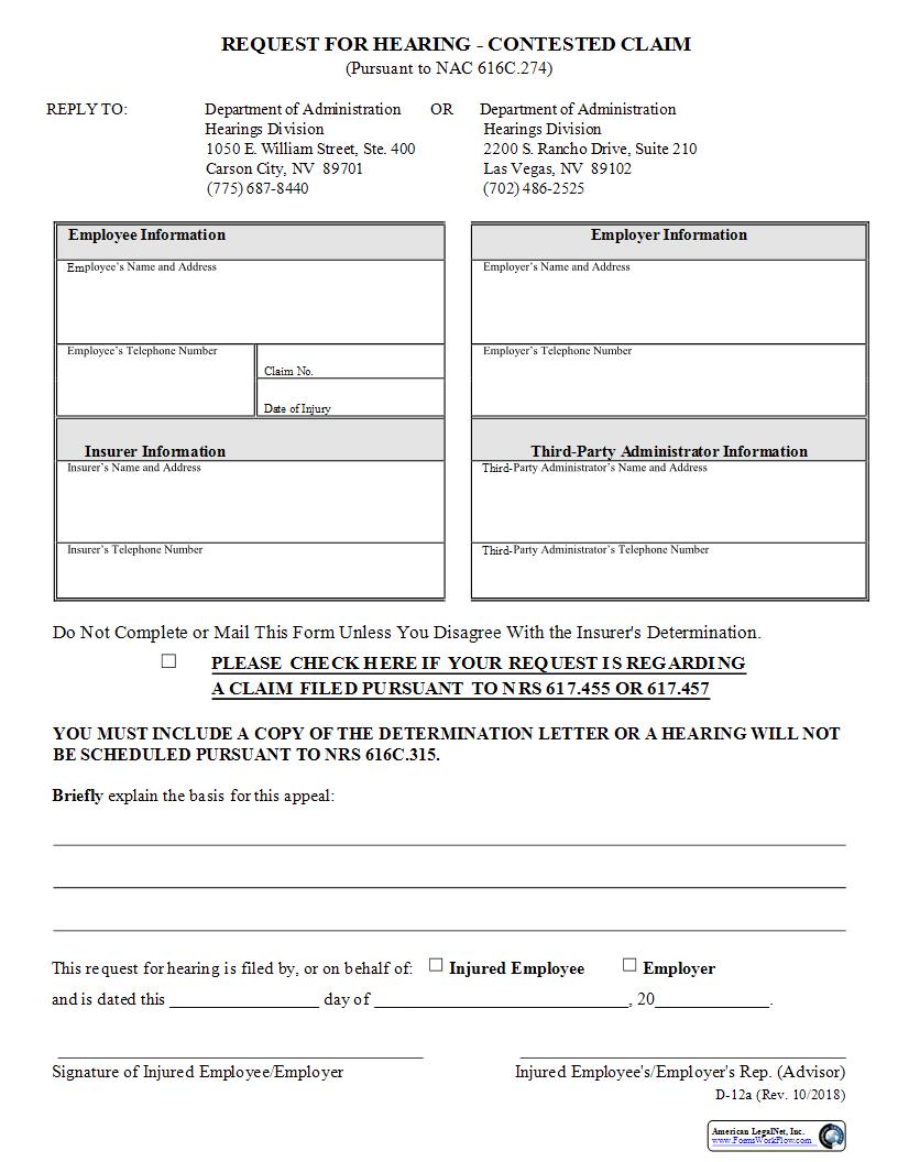 Request For Hearing - Contested Claim {D-12a} | Pdf Fpdf Docx | Nevada
