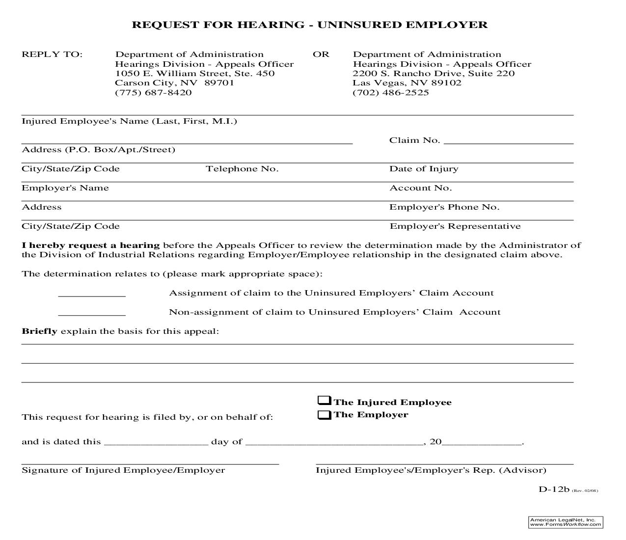 Request For Hearing - Uninsured Employer {D-12b} | Pdf Fpdf Doc Docx | Nevada