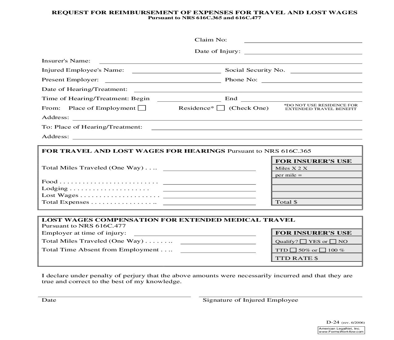 Request For Reimbursement Of Expenses For Travel And Lost Wages {D-24} | Pdf Fpdf Doc Docx | Nevada