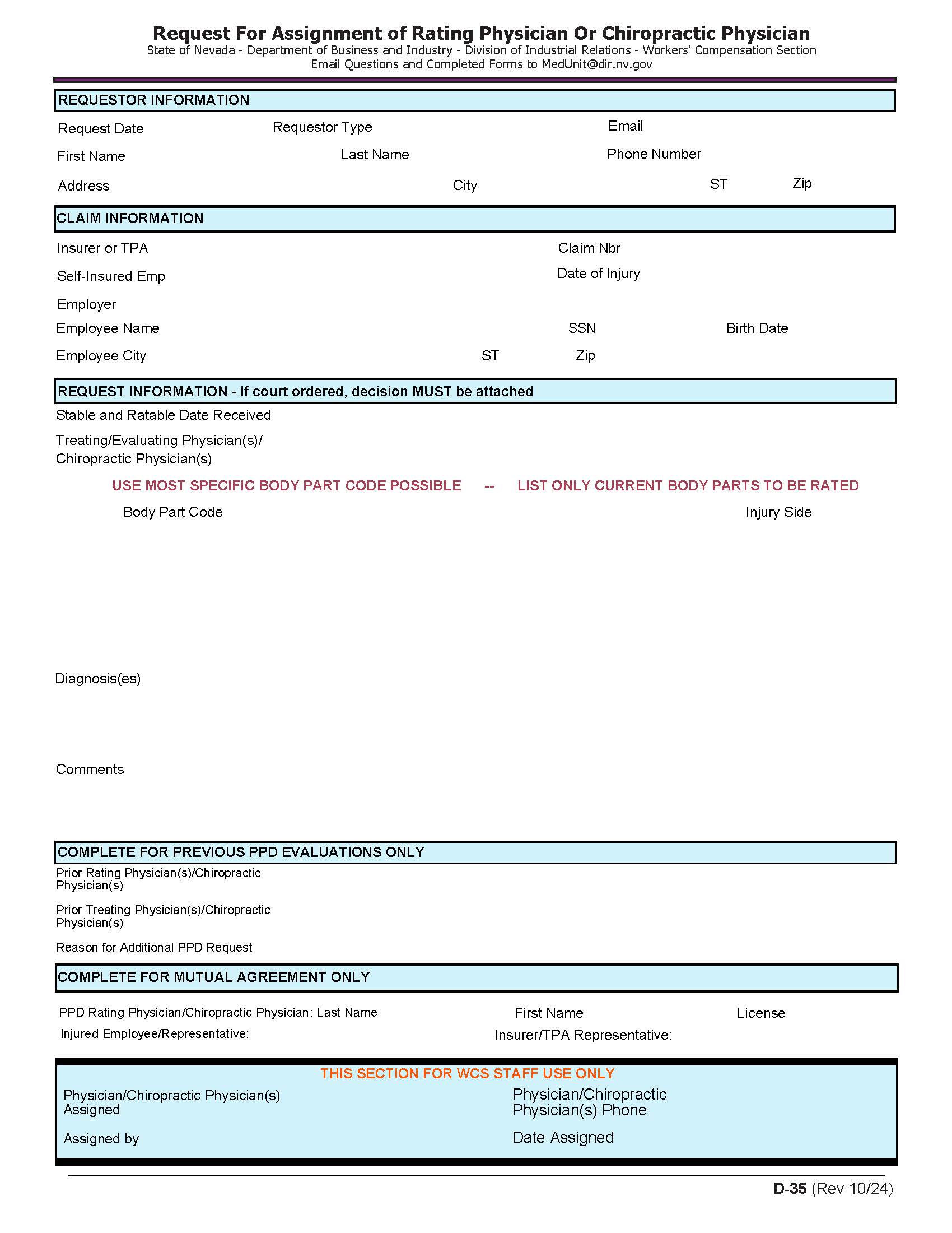 Request For Rotating Rating Physician Or Chiropractor {D-35} | Pdf Fpdf Docx | Nevada