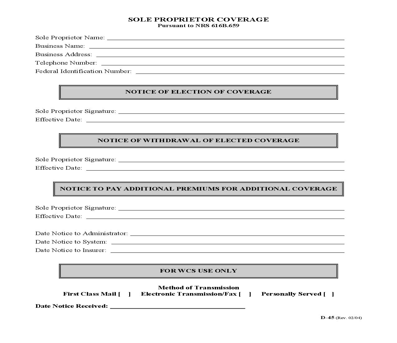 Sole Proprietor Coverage {D-45} | Pdf Fpdf Doc Docx | Nevada