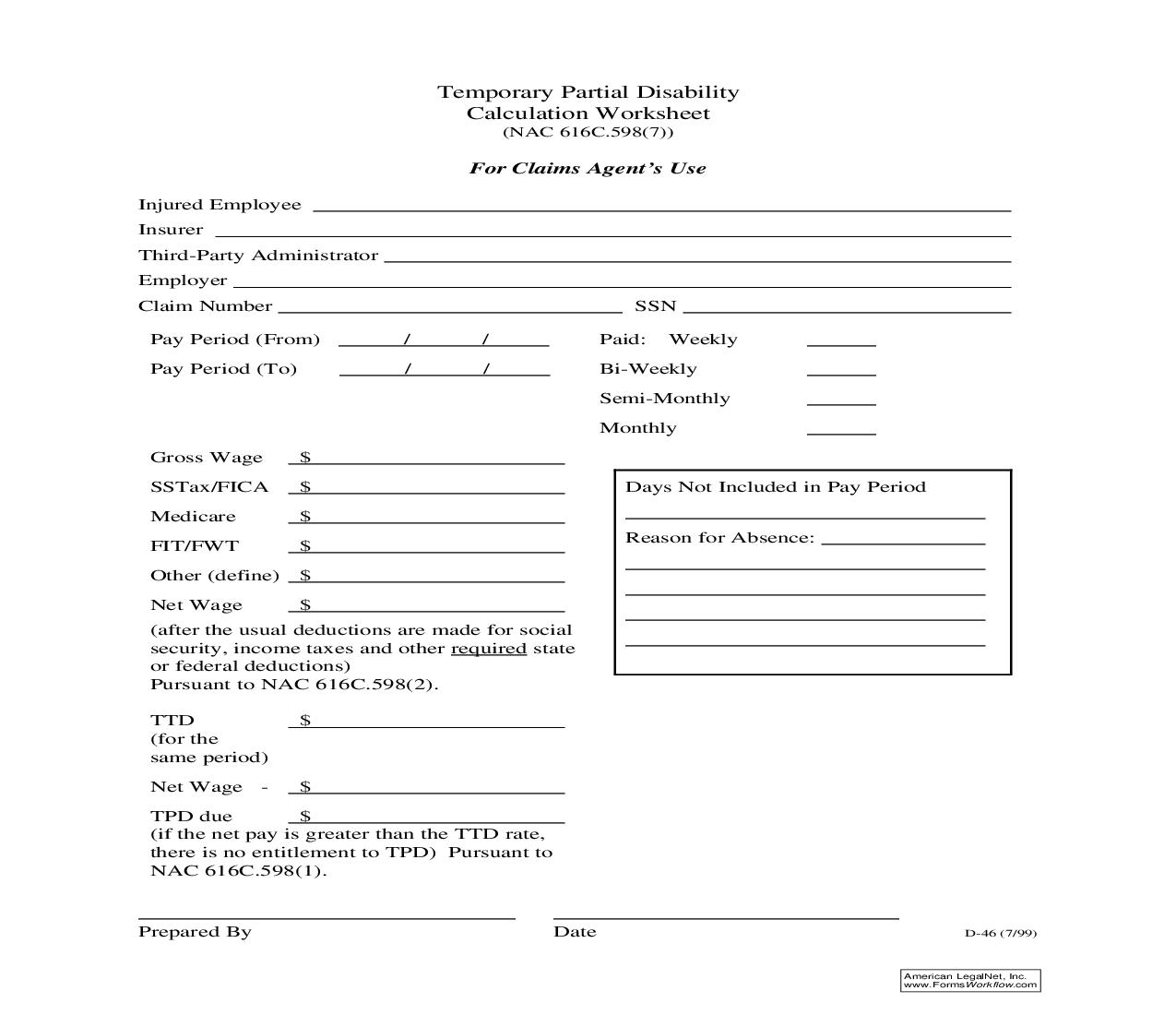 Temporary Partial Disability Calculation Worksheet {D-46} | Pdf Fpdf Doc Docx | Nevada