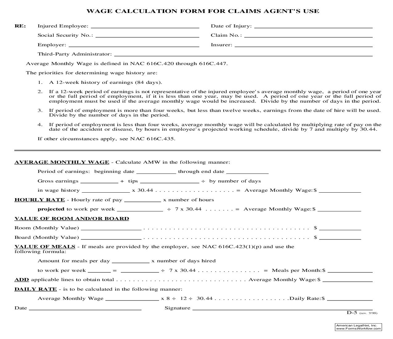 Wage Calculation Form For Claims Agents Use {D-5} | Pdf Fpdf Doc Docx | Nevada