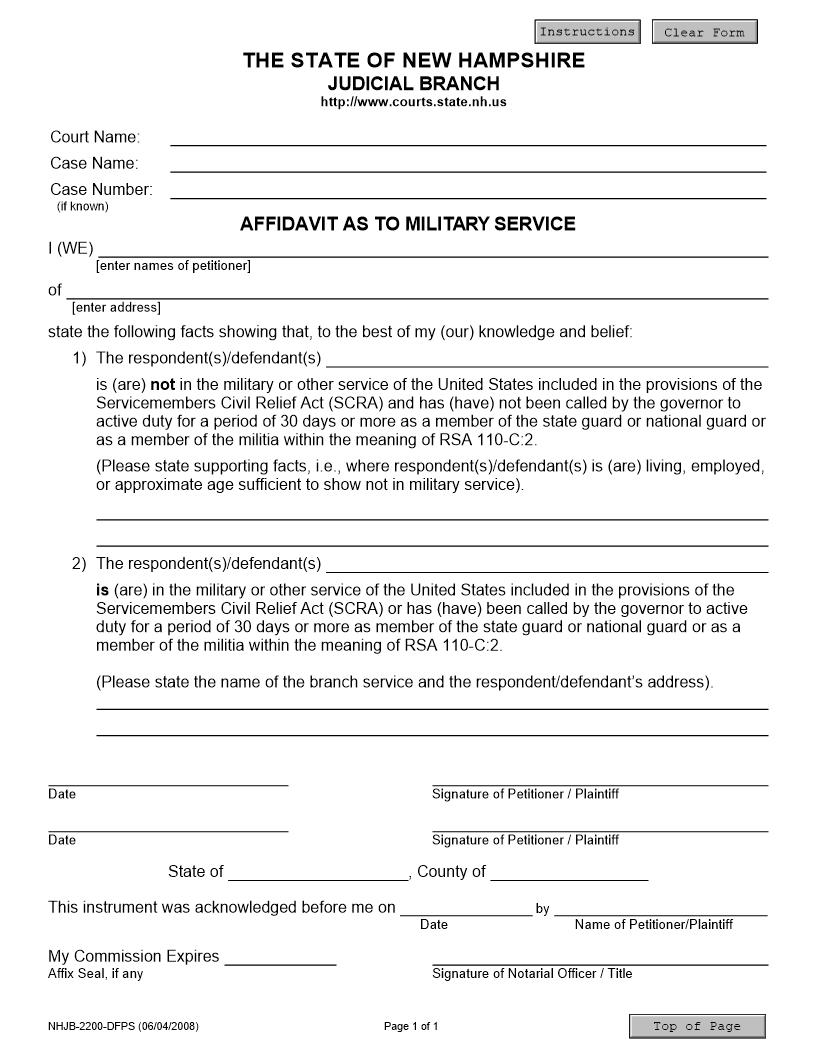 Affidavit As To Military Service {NHJB-2200-DFPS} |  | New Hampshire