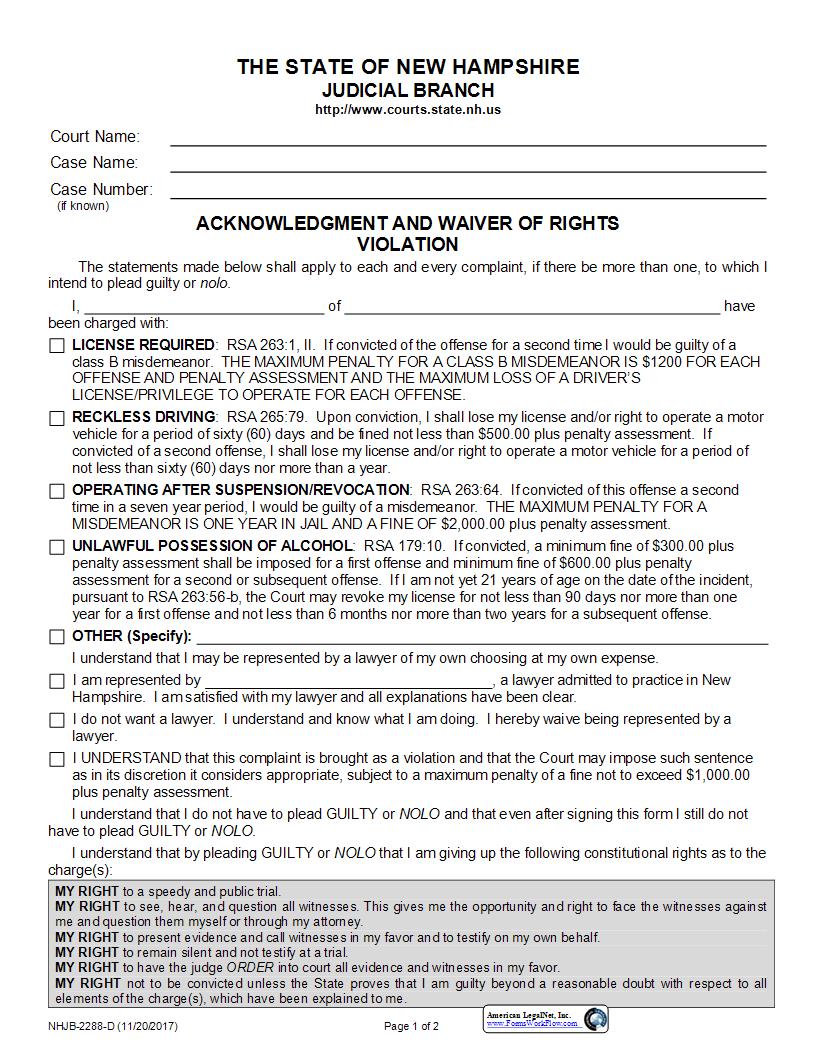 Acknowledgment And Waiver Of Rights Violation {NHJB-2288-D} | Pdf Fpdf Docx | New Hampshire